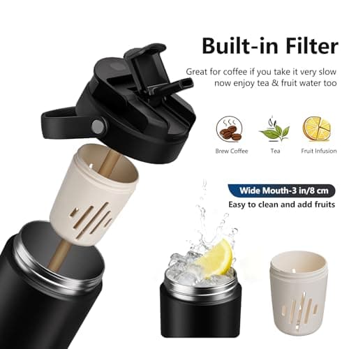 KANGZY Coffee Cup Travel Mug 600ml – Stainless Steel Insulated Water Bottle, 2-in-1 Lid, Vacuum Thermal Cup, Leak-Proof Design, Keeps Drinks Hot 8H+ / Cold 24H – Work, Travel & Car (Jet Black) — view 4