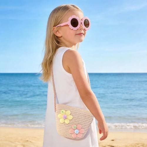 FOSDICK Straw Crossbody Bag With Girls Sunglasses, Small Straw Bag, Woven Straw Beach Bags, Summer Bags for Girl, Floral Holiday Handbag Daily Use, Travel, Beach and Outdoor Activities (Pink) — view 2