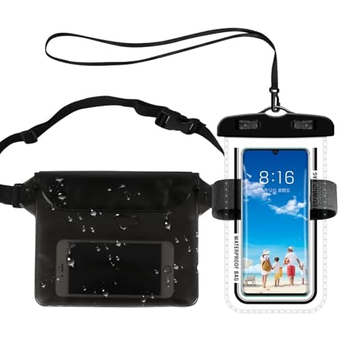 2 Pack Waterproof Phone Pouch, Black Waist Dry Bag with Belt for Swimming