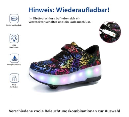 HUSKSWARE Kids Shoes with Wheels – LED Light-Up Roller Sneakers Boys Girls, Retractable Skating Trainers, USB Rechargeable Outdoor Sports Shoes EU 27-40 White Black Pink — view 4