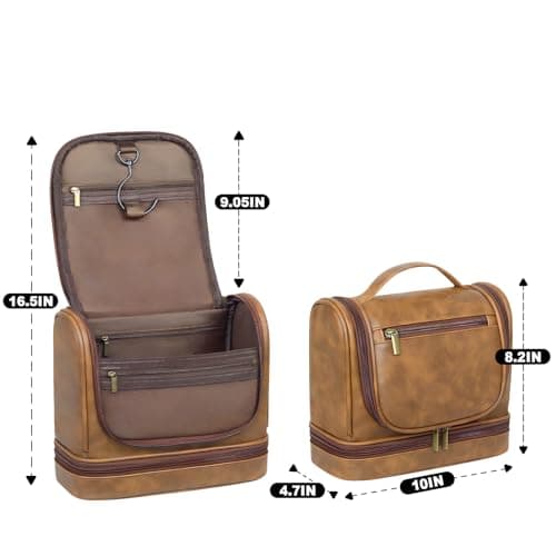 Premium Leather Hanging Toiletry Bag for Men and Women, Waterproof Travel Organiser with 7 Separate Compartments, Compact Dopp Kit for Gym Camping and Daily Grooming — view 2