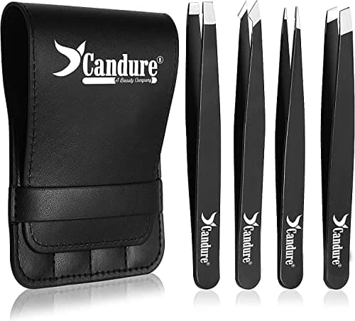 Candure Tweezers for Eyebrows - Professional Stainless Steel Slanted and Pointed Tip Hair Tweezers Set for Ingrown Hair, Blackhead Removal, Eyebrows Plucking Beauty Tool for Women