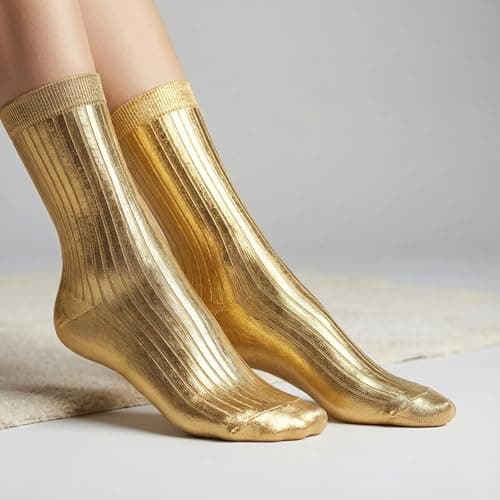 CGGMVCG Women's Metallic Silk Sock, Elegant Luxury Shiny Foil Glitter Ribbed Crew Socks for Party or Daily Wear, Soft Breathable Comfort Silky (Gold, One Size) — view 2