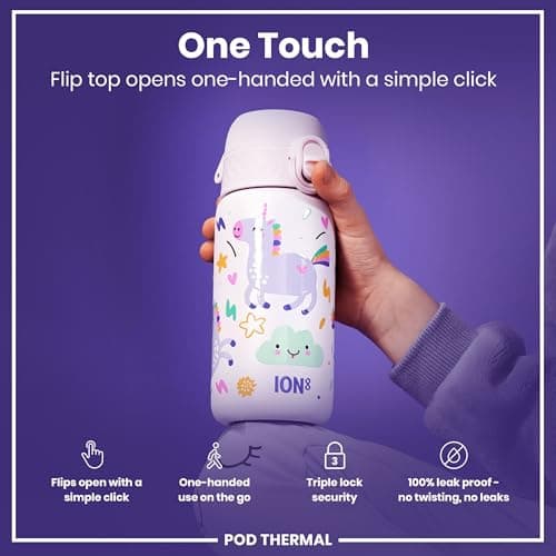 Ion8 Insulated Steel Water Bottle, 320 ml/11 oz, Leak Proof, Easy to Open, Secure Lock, Dishwasher Safe, Carry Handle, Flip Cover, Metal Water Bottle, Raised Print, Stainless Steel, Pink Unicorns — view 3