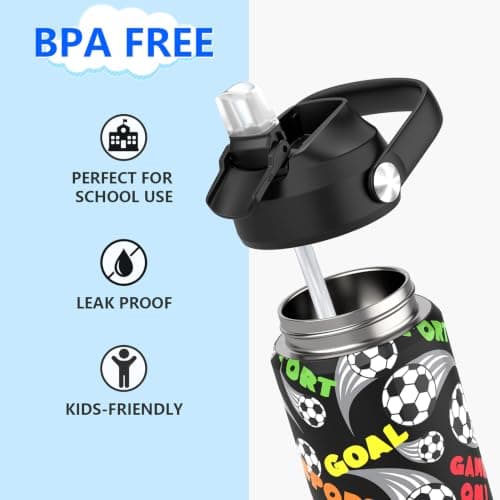ntskood Boys Soccer Water Bottle for School，Kids 18 oz Insulated Stainless Steel Cup with Straw, Double-Wall Vacuum Leakproof — view 3