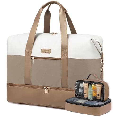 LOVEVOOK Travel Overnight Bags for Women, Waterproof Weekend Hospital Gym Bag with Shoes Compartment & Trolley Sleeve, Large Carry On Cabin Duffle Holdall Bag, Khaki