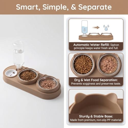 3-in-1 Cat Food and Water Bowl Set, Stainless Steel, Stand Tilted — view 4