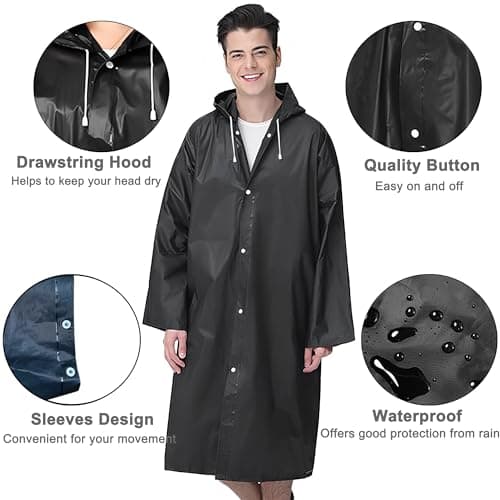 Cosowe Rain Ponchos for Adults Reusable, 2 Pcs Raincoats Emergency for Women Men with Hood and Drawstring, Black — view 3