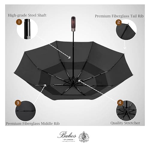 Balios Folding Umbrella Real Wood Handle Auto Open Close Black — view 5