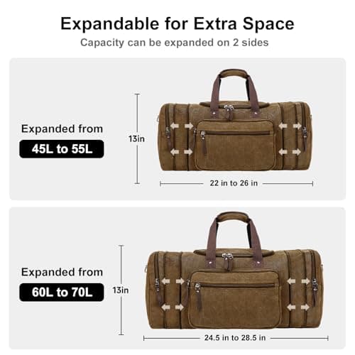 EKOROMIER 55L Canvas Travel Duffel Bag for Men – Expandable Weekender Holdall – Cabin Size Overnight Bag for Gym, Carry-On or Short Trips – Coffee — view 4