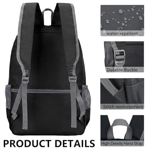 ChioSun Lightweight Foldable Backpack, 30L Waterproof Rucksack, Black — view 5
