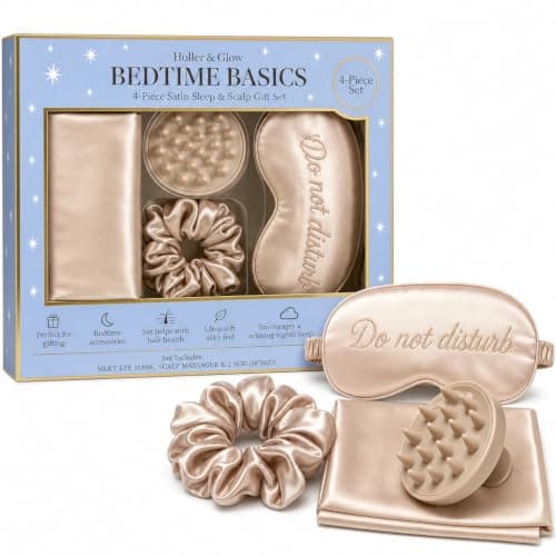 Holler And Glow Bedtime Basics Accessories Set, Limited Edition, Sleep Eye Mask, Silk Scrunchie, Hair Growth Scalp Massager, Satin Pillowcase, Beauty Sleep For Women & Mother’s, 4 Piece Gift Set