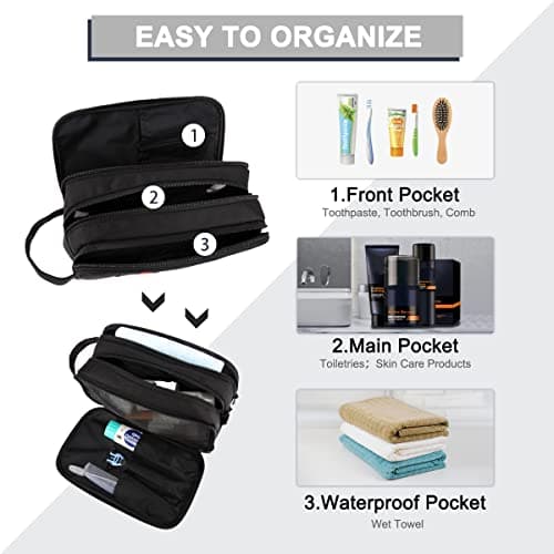 Toiletry Bag, VASCHY Unisex Water Resistant Wash Bag with Three Separate Zipped Compartments Travel Toiletry Bag Cosmetic Bag Portable Shaving Bag Makeup Organizer, Black — view 4
