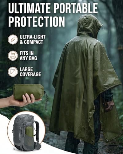 Victoper Waterproof Poncho Adult, Lightweight Reusable Rain Poncho Adult Waterproof for Outdoor Hiking Camping Cycling Traveling Waterproof Raincoat with Emergency Grommet Corners Army Green — view 3