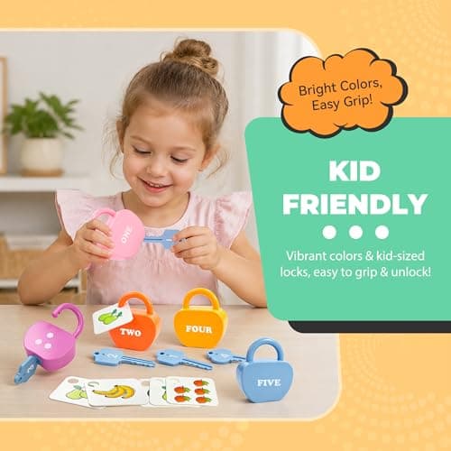 GEERAY Cause and Effect Toys for Toddlers 3+, Montessori Lock & Key Set with 5 Apple-Shaped Locks, Keys & 10 Cards – Learn Numbers, Colors & Motor Skills STEM Toy Gift for Home & Classroom — view 3