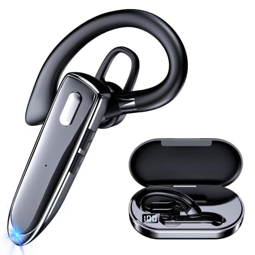 Single Ear Bluetooth Headset V6.1, Noise Cancelling Mic Wireless Handsfree Earpiece, 800mAh Charging Case, 100H Standby Lightweight Bluetooth Earphones for Truck Drivers, Business & Office Calls