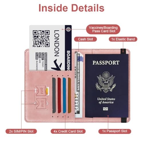 AOOSU Passport Holder Cover, PU Leather Passport Cover with RFID Blocking Travel Wallet, Portable Universal Travel Wallet Case Organiser for Money, Boarding Passes, Credit Cards Pink — view 3