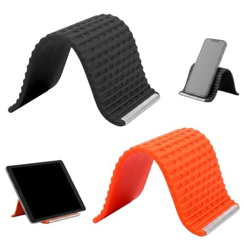 XAVURO Portable Foldable Silicone Phone Holder, Flexible Phone Stand for Desk, Adjustable Anti-Slip Mount, Bendable Freely Into Any Shape for Cell Phones, Mirror, Plane Travel (2, 1*Black，1*Orange)