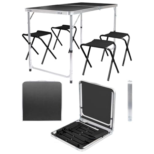 Harbour Housewares 120cm (4ft) Height Adjustable Aluminium Folding Picnic Table with 4 Chairs - Black - 4-Seater Foldable Portable Outdoor Garden Patio Camping BBQ Dining Trestle Furniture