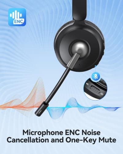 TECKNET Wireless Headset, Bluetooth V6.0 Headset with ENC Noise Cancelling Microphone, Rechargeable USB A Headsets, One-Key Mute Mic, 50H Playtime Over-Ear Headphones for Office/Call Center/Team — view 3