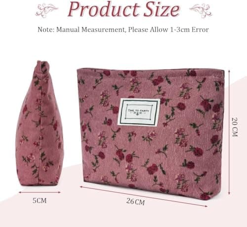 Aucuu Cosmetic Bags for Women, Small Floral Canvas Cosmetic Bag, Rose Flower Printing Corduroy Toiletry Bag, Multifunctional Travel Makeup Bag with Metal Zipper for Women Girls Gift - Red Rose — view 2