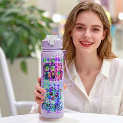 Metaparty 750ML/25OZ Korean Pop Water Bottle with Straw, Kids Water Bottle for Girls with Cartoon Print, Leak-Resistant Drinks Bottle with Handle for School Travel Camping (Purple) — view 6
