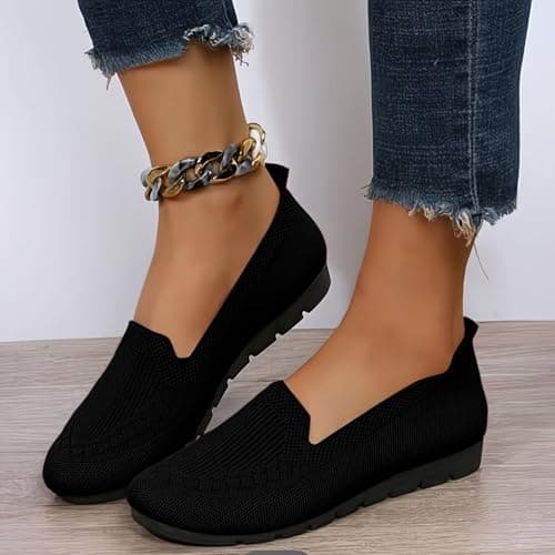 Boat Shoes Women Wide Fit Knitted Mesh Slip-On Flats Solid Color Breathable Low-Cut Casual Loafers with Soft Non-Slip Soles Lightweight Comfortable Walking Shoes for Everyday Wear Office Travel Black — view 3