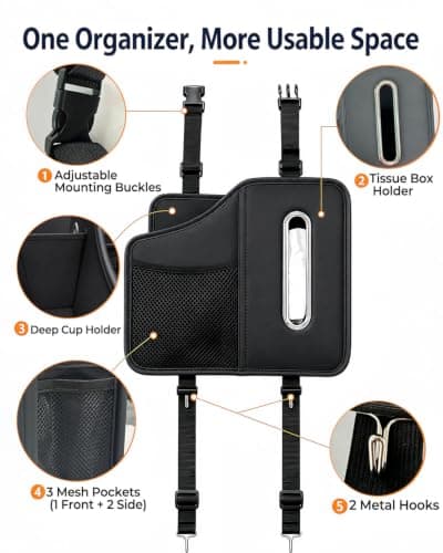 Car Tissue Holder for Back Seat, Premium Back Seat Organizer with Cup Holder & Storage Pockets, Carbon Fiber Look Headrest Tissue Box Holder for Kids, Road Trips, SUV, Truck （Black） — view 3