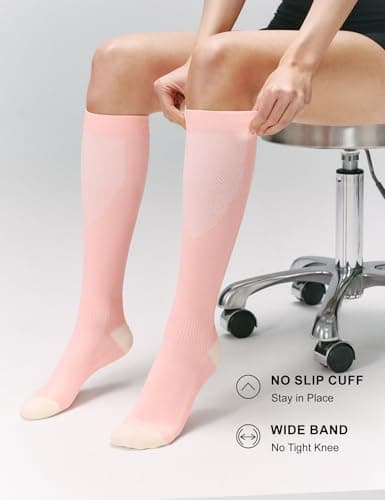 FITRELL 3 Pairs Compression Socks for Women and Men 20-30 mmHg Travel Flight Socks Medical Knee High Socks for Sport, Flying, Nurse, Pregnant Women, Varicose Veins, Light Blue+Pink+Purple, S/M — view 4