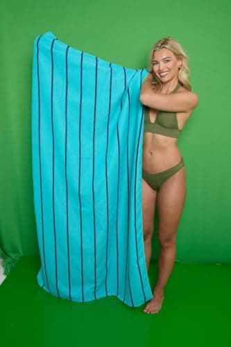 Extra Large Sand-Free Beach Towel – Lightweight, Compact & Absorbent Microfibre Travel Towel, Quick Dry & Fast Packing – Ideal for Camping, Holidays, Gym, Yoga & Sports (Pin Stripe - Aqua Navy) — view 2