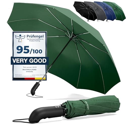 Umbrella Windproof Compact - Strong Storm Proof Frame + Auto Open Close | Women Mens Lightweight Small Travel Folding Golf Brolly + Double Canopy, Ergonomic Handle | Water Resistant Teflon Green