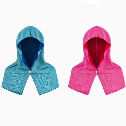 XIMU-SHANGDIAN 2 Pack Cooling Hoodie Towel – Instant Cool Towel for Neck & Face with Sun Protection, Ideal for Sport, Camping, Workout, Hot Weather (Blue & Rose Red)