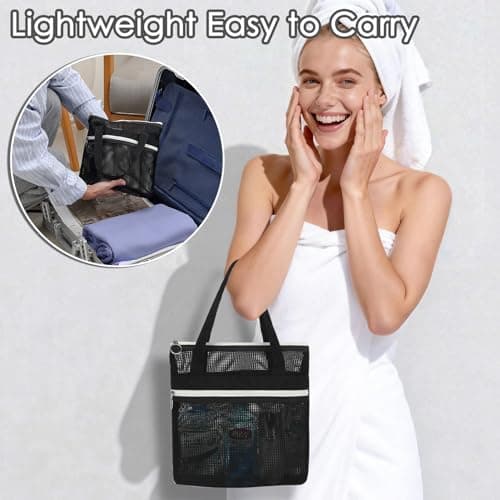 GYEUKHAM Mesh Shower Bag with 2 Zipper Pockets & Dual Handles, Quick-Drying Hanging Shower Caddy for College Essentials,Sunscreen,Dorm, Gym, Travel & Camping, Black — view 5