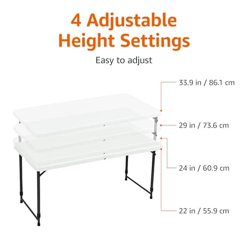 Amazon Basics 4 Foot Rectangular Folding Table, 4 Adjustable Height Settings with Carrying Handle, Indoor & Outdoor, Portable, Lightweight, Travel Table, Picnic, Camping, White, 121.4 x 60.7 x 86.1 cm — view 3