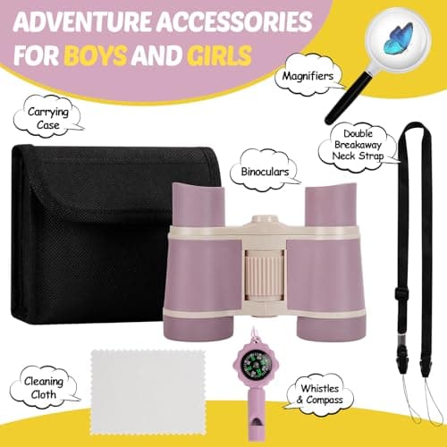 Binoculars for Kids, Kids Binoculars toys for 3 4 5 6 7 8 Years Boys and Girls, Set with Magnifying Glass & Compass - Birthday Gifts Outdoor Toy for Kid Ages 3-8 Toddler Camping (pink) — view 5