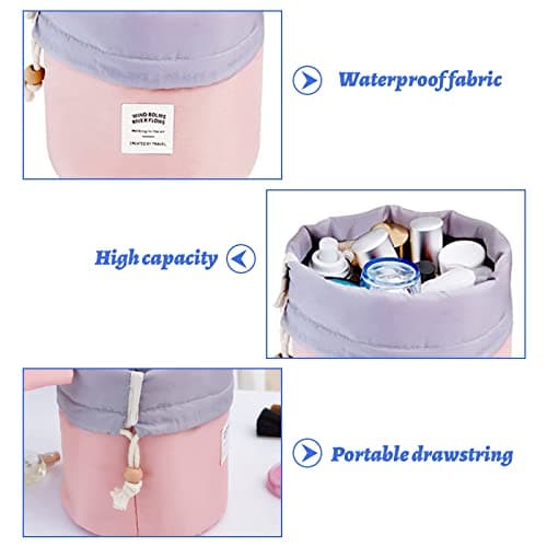 Women Travel Make Up Bag,Pouches Cosmetic Bags Girls Barrel Shaped Hanging Toiletry Wash Bags Nylon Drawstring Makeup Organizer Storage Bag + Small Zipper Pocket+PVC Transparent Brush Bag (Blue) — view 5