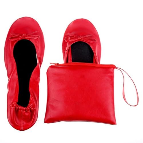 Momolaa UK 8.5 Ladies Roll up Shoesportable Travel Ballet Flat Fold up Pumps After Party Shoes Slipper (with Carrier Pouch) A0_Clearance Red