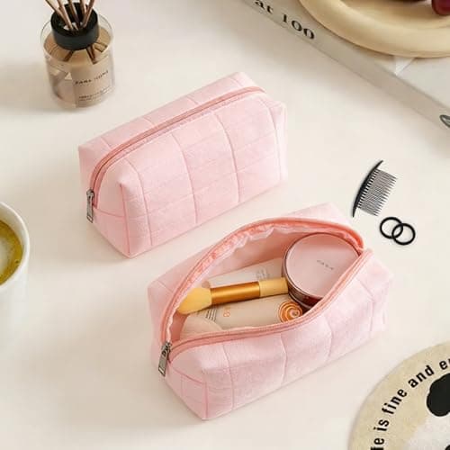 LUFFLOK 2 Pack Pink Makeup Bag Velvet Makeup Bag Toiletry Cosmetic Bags — view 5