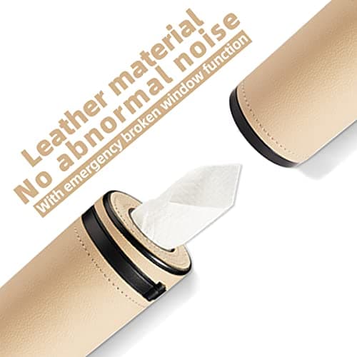Moioee Car Tissue Holder, Cylinder Tissue Box with Window Breaker, PU Leather Round Tissues Container for Auto Cup Holder, Travel Facial Tissues Organizer for All Vehicles (Beige) — view 3