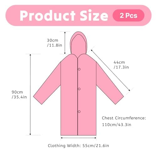 AropaeenGlowry 2pcs Kids Waterproof Rain Poncho with Hood & Sleeves - Reusable EVA Raincoat for Boys Girls, Camping & Travel, Pink — view 3