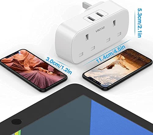 VINTAR Double Plug Adapter UK with 2 USB, 2 Way Plug Extension Sockets — view 5