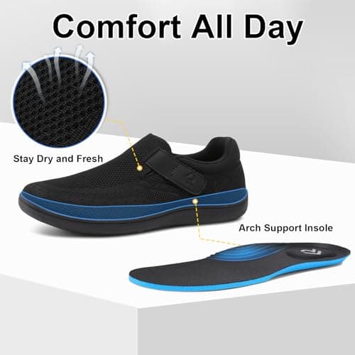 Men's Wide Walking Shoes Extra Wide Adjustable Slip On Orthopedic Barefoot Zero Drop Sneakers for Swollen Feet (All Black, Adult, Men, 8.5, Numeric, UK Footwear Size System, Wide) — view 5