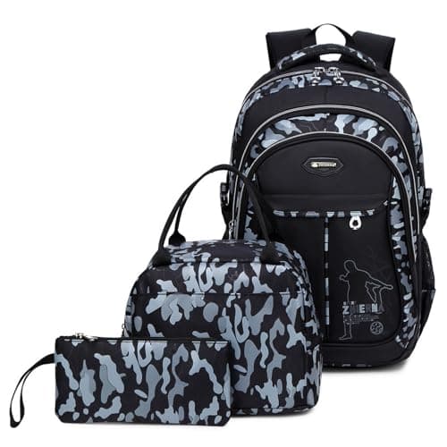 School Backpack Boys Teenager Backpack 3 Piece Set Kids School Bags Children's Backpack Camouflage Backpacks Teenagers School Daypacks Gift Shoulder Bags Set with Lunch Pack and Pencil Case, Gray