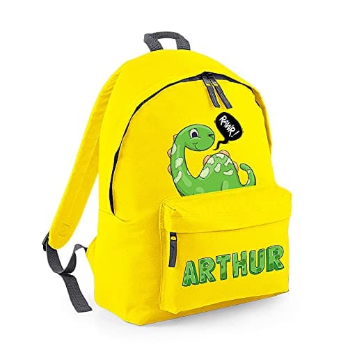 Personalised with ANY NAME Dinosaur Rawr Fashion Backpack, Toddler Backpack for Nursery/Preschool/Travel/Kindergarten, Kids/Teen Fashion Daypack Rucksack Shoulder Bag. (Yellow Graphite Grey)