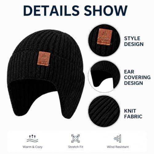 Beanie Hat Men with Ear Covering, Winter Hats for Men, Wooly Style Cap, Thermal Hat Mens Fleece Lined, Warm Ribbed Knit Headwear for Outdoor Travel & Daily Wear Black — view 3