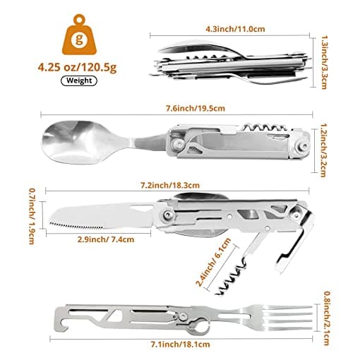 HONZIN Folding Camping Cutlery Set, 5 in 1 Multifunctional Portable Stainless Steel Cutlery, Outdoor Detachable Tableware Utensil for Travel, Hiking, Picnic, with Drawstring Pouch (1 Pack) — view 3