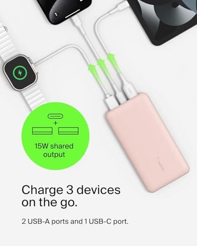 Belkin 10000mAh portable power bank, 10K USB-C portable charger with 1 USB-C port and 2 USB-A ports, battery pack for up to 15W charging for iPhone, Samsung Galaxy, AirPods, iPad, and more - Rose Gold — view 5