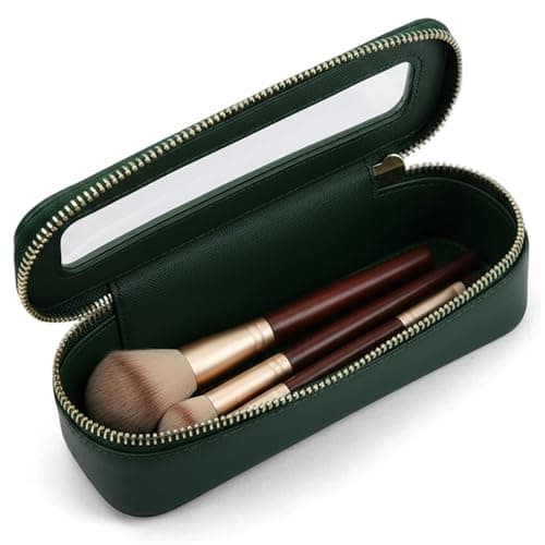 Portable Makeup Brush Bag Waterproof Leather Clear Cosmetic Case, Silm Toiletry Organizer for Brushes & Essentials (Green, 7.5x2.4x2.4 Inch)