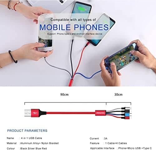 Amuvec Multi Charger Cable, 4 in 1 Fast Phone Charger Cables 1.2M Red — view 2