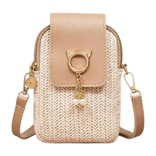 OKMIJN Crossbody Phone Bag for Women, Straw Mobile Phone Pouch Bag